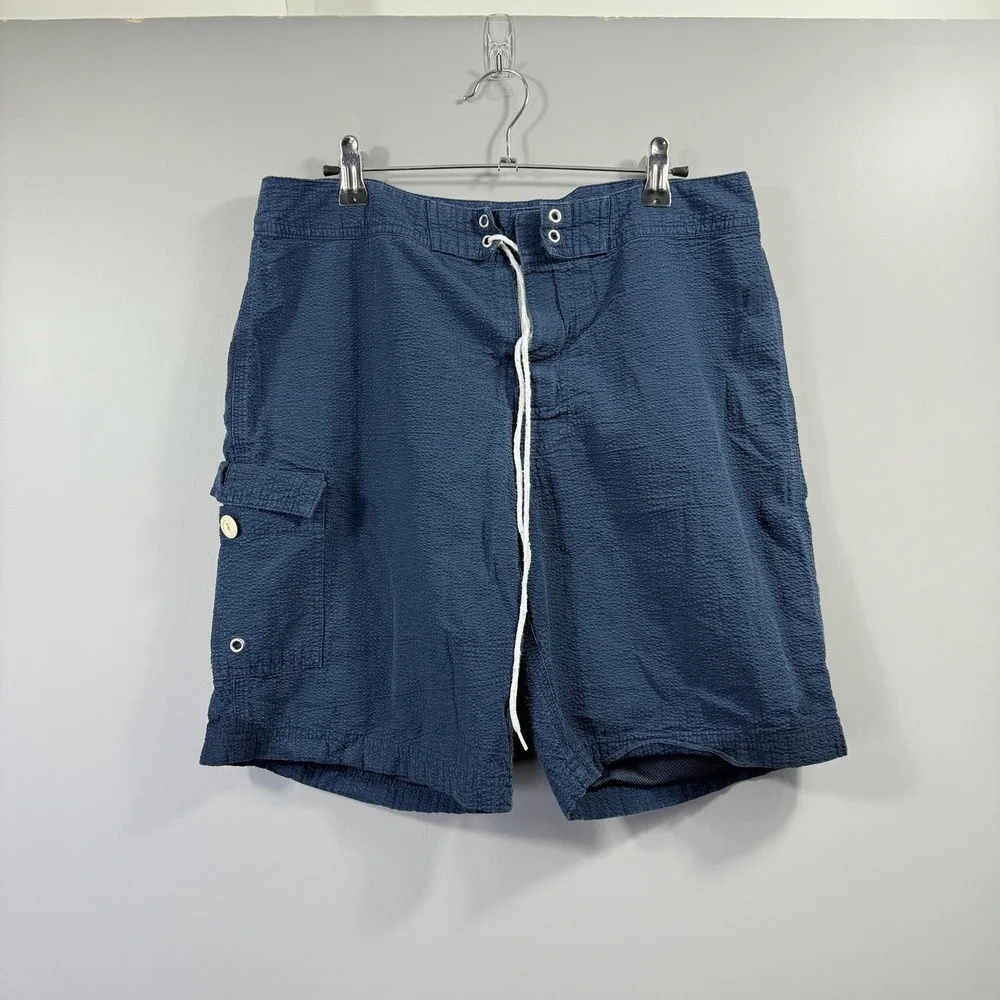 J Crew Shorts Mens 32 Blue Seersucker Board Swim Trunks Drawstring Pockets